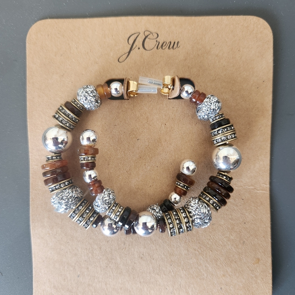 J. Crew Silver and Brown Beaded Hoop Earrings with Gold Accents